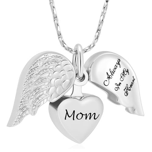 Imrsanl Cremation Jewelry for Ashes Heart Urn Necklace Pendants Ashes for Women Men Family Keepsake Memorial Angel Wing with Charm Heart for Loved Ones - color: Silver-Mom