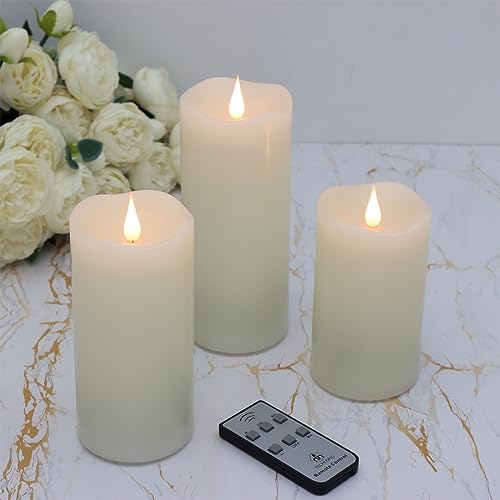 TECHLONG 3 Pack Flickering Flameless Candles Battery Operated with Timer, 3D Moving Flame Last 1000+ Hours, Ivory Real Wax Electric LED Pillar Candle for Wedding Christmas Decorations - color: Style A, size: 3" x 5"6"7"