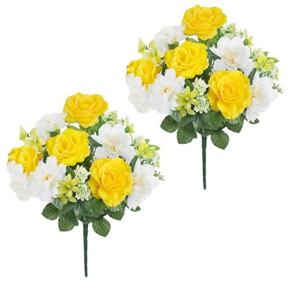 Cemetery Flowers for Grave 2pcs Artificial Yellow Rose for Outdoors - color: Yellow White-2pcs