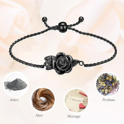 Minicremation Women's Adjustable Rose Urn Bracelet Ashes Holder Memorial Elegant Link Chain Keepsake Cremation Bangle to Hold Ashes - color: Black-B
