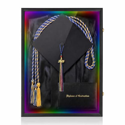 IHEIPYE Large Black Graduation Shadow Box Frame with LED Lights | Wall Mounted Lockable, UV-Protective Door, Keepsake Display Case, Holds Cap, Gown, Diploma, Tassel, Medals - size: LargeLED-Black