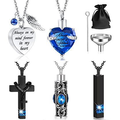 5 Pcs Urn Necklace for Ashes Keepsake Cremation Jewelry Heart Cross Cubic Stainless Steel Urn Keepsake Necklace Crystal Memorial Locket Ashes Jewelry for Women Men Loved Ones - color: blue