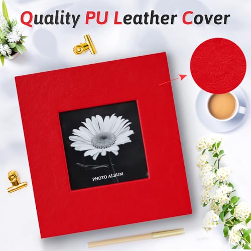 Popotop Photo Album 4x6 100 Photos with Writing Space, Leather Cover Album with Display Picture Window, Photo Book for Wedding Family Baby Gift - color: Red, size: 100 Pockets