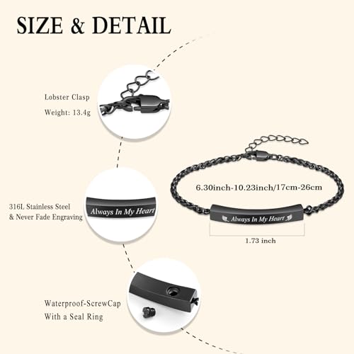 Oinsi Cremation Jewelry Urn Bracelet for Ashes for Women Men Adjustable Memorial Ashes Keepsake Bangle Manmade Rope Braided Bracelet - color: B-Black - Always In My Heart