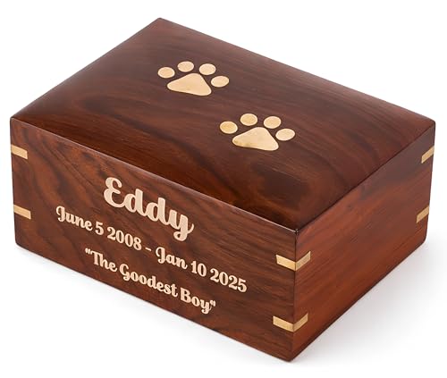 Rosewood Pet Urn for Dog Ashes, Personalized Wooden Urn for Ashes with Colored Text, Memorial Keepsake Funeral Cremation Urn Box for Cats, Handcrafted Brass Paw Inlay Design Brown - color: Colored Text