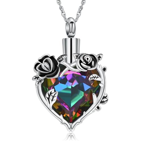 shajwo Cremation Jewelry Rose Flower Heart Urn Necklaces for Ashes for Women Memorial Human Ashes Pendant - color: Rainbow