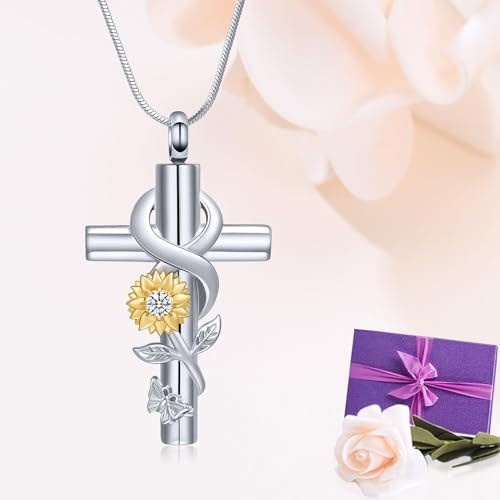 Urn Necklace for Ashes Sunflower Cross Necklace Cremation Jewelry Ashes Necklace for Human Women Pets Sunshine Pendant Keepsake Jewelry for Ashes - color: Silver-gold White