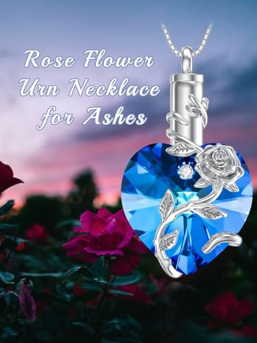 OCJ Heart Rose Flower Urn Necklace for Ashes Women Birthstone Cremation Necklaces Sterling Silver Memorial Cremation Jewelry Gifts - color: 09-Sep-Sapphire