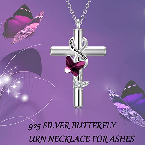 Cross Urn Necklace for Ashes 925 Sterling Silver Cremation Jewelry with Funnel Filler Kit Ashes Necklace for Human Women Girl Pets - color: A_Purple Butterfly Urn Necklace, style: Non-personalized