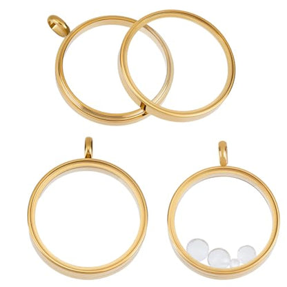 Beebeecraft 1 Box 2Pcs Floating Locket Charms with Glass Round Clear Photo Frame for Memory Picture Pendant Necklace Making - color: Gold