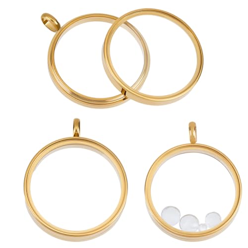 Beebeecraft 1 Box 2Pcs Floating Locket Charms with Glass Round Clear Photo Frame for Memory Picture Pendant Necklace Making - color: Gold