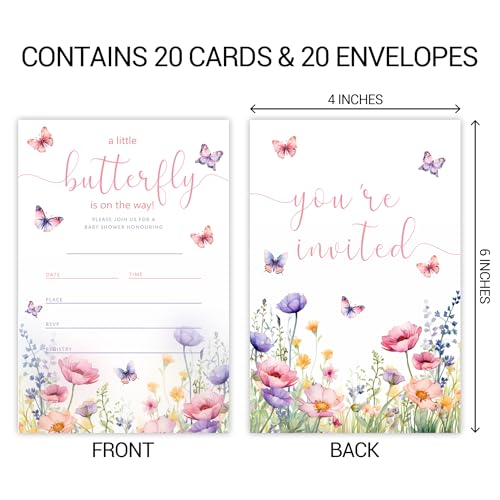 20 Butterfly Baby Shower Invitations, for Girls (054) | Purple Pink Butterflies and Flowers Theme Invite Cards with Envelopes, 4x6 Inch Baby Shower Invites