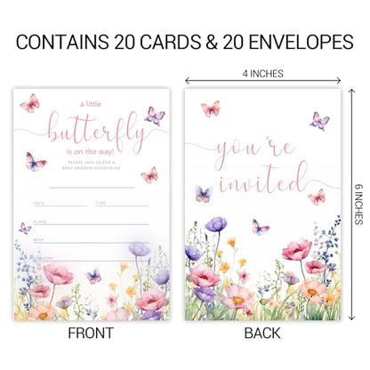 20 Butterfly Baby Shower Invitations, for Girls (054) | Purple Pink Butterflies and Flowers Theme Invite Cards with Envelopes, 4x6 Inch Baby Shower Invites