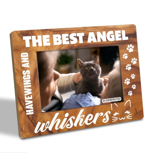 Pet Wood Picture Frame, Pet Memorial Gifts, The Best Angels Have Wings and Whiskers Picture Photo Frames, Dog Cat Bereavement Remembrance Gifts, Farmhouse Home Office Table Decor, 4 x 6 Inch