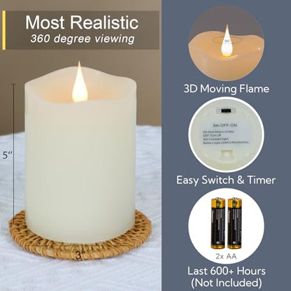 TECHLONG Flameless Candles Battery Operated with Remote Timer, 3D Moving Flame Flickering, Last 600+ Hours Battery Candles, 3" x 5" Ivory Real Wax Electric LED Candle for Wedding Party, Set of 2 - size: 3"x5"-2 Pack
