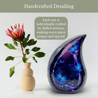 Teardrop Cremation Urn for Human Ashes, Hand Painted Blue Butterfly Galaxy Design, 6 Inch, with Velvet Bag