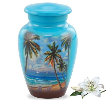 Paradise Beach Keepsake Urn - Hand Painted Miniature Palm Trees Urn with Premium Case & Bag - size: Miniature
