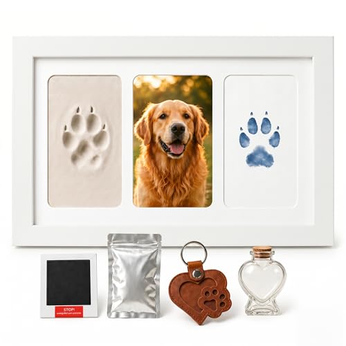 White Pet Paw Print Keepsake Photo Frame, Mess-Free 3-Panel Wooden Pet Loss Memorial Kit for Dog & Cat - color: white
