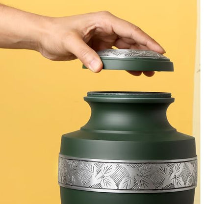 CLEENTABLE Cremation Urn for Human Ashes, Hand Carved Green Metal - color: Green & Silver, size: Hand-Etched Leaf - 7x11"
