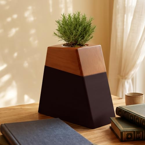 Plant Urn for Adult Memorial Keepsake, Solid Wood, Large Capacity, with Ceramic Pot, Bamboo Saucer, and Muslin Bag