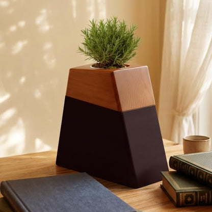 Plant Urn for Adult Memorial Keepsake, Solid Wood, Large Capacity, with Ceramic Pot, Bamboo Saucer, and Muslin Bag