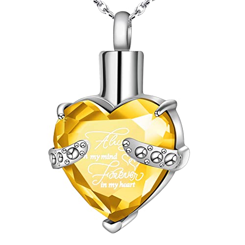 XIUDA Crystal Urn Necklace for Human Ashes Heart Birthstone Memorial Cremation Jewelry Ash Necklace for Women - color: Yellow
