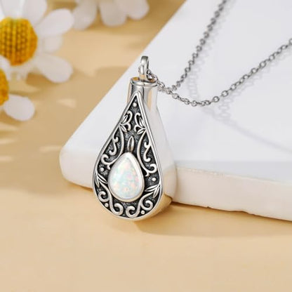 Teardrop Urn Necklace for Ashes Filigree Birthstone Keepsake Pendant Cremation Jewelry for Ashes Memorial Jewelry Gifts for Loss of a Loved One for Women - style: Oct-Opal