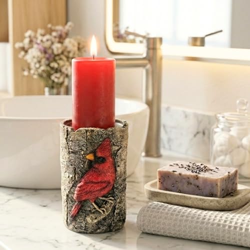 Cardinal Tealight Candle Holder, Faux Birch Resin Wood Decor, Rustic Votive Altar Centerpiece, Outdoor Garden or House Accent, Unique Bird Lover Unique Gifts for Women, Grandma & Mother in Law
