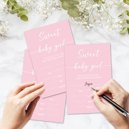 Sweet Baby Baby Shower Invitations for Girls, Pink Minimalism Invite Cards for Baby Announcement, 25 Set of Fill-in Invites with Envelopes, Gender Reveal Party Supplies -B16 - color: Pink-Oh Baby