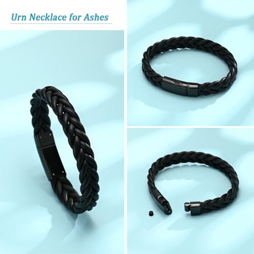 Cremation Jewelry Urn Bracelet for Ashes Men's Braided Genuine Leather Stainless Steel Memorial Cuff Bangle Braided Wristband Bracelet Keepsake Jewelry for Loved Ones with Fill Tool - color: C-Black 24cm/9.44"