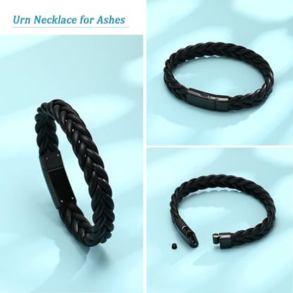 Cremation Jewelry Urn Bracelet for Ashes Men's Braided Genuine Leather Stainless Steel Memorial Cuff Bangle Braided Wristband Bracelet Keepsake Jewelry for Loved Ones with Fill Tool - color: C-Black 22cm/8.66"