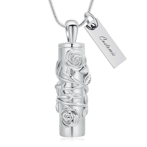Cylinder Urn Necklace for Ashes Roseflower Cremation Jewelry Urn Ashes Necklace for Women Men Memorial Keepsake Necklace of Loved One - color: Customzie