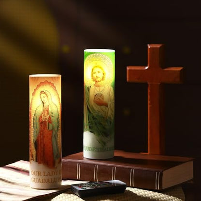 Landhoow 2 Pcs Religious Flameless LED Prayer Candle Real Wax Baptism Candle Set Our Lady of Guadalupe and St. Jude Battery Operated Candles with Remote Control - style: Our Lady of Guadalupe and St. Jude