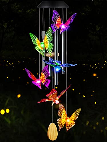 DesGully Wind Chimes, Butterfly Solar Wind Chimes with Aluminum Tubes/Wind Chimes for Outside Color Changing (Gifts for mom/Gift for Grandmom/Gift for Women) Thanksgiving Gift Butterfly Gift - color: Purple Orange Butterfly (Tube)