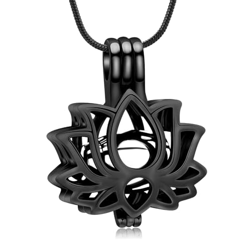 Cremation Jewelry Lotus Flower Urn Necklaces for Ashes Stainless Stell Memorial Ash Pendant Necklaces with Mini Urn Keepsake Ash Jewelry for Men Women Gifts with Funnel Filler Kit - color: Black-Silver