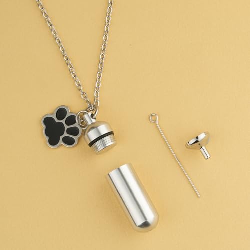 Stainless Steel Pet Urn Necklace for Ashes - Memorial Cremation Jewelry with Black Paw Print Charm, Christmas/Mother's Day/Thanksgiving Sympathy Gift for Dog/Cat Lovers