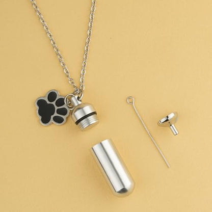Stainless Steel Pet Urn Necklace for Ashes - Memorial Cremation Jewelry with Black Paw Print Charm, Christmas/Mother's Day/Thanksgiving Sympathy Gift for Dog/Cat Lovers