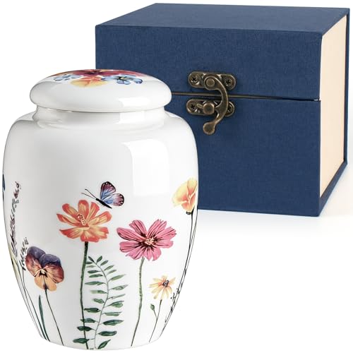 Cremation Urns for Human Ashes Adult Female,Ceramic Small Urns for Decorative for Funeral, Burial, Home, Handcrafted Keepsake with Exquisite Box （Wildflower） - color: Flower
