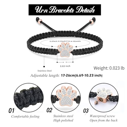 Hearbeingt Paw Print Urn Bracelet for Ashes Pet Cremation Jewelry | Stainless Steel,Adjustable Braided Rope,Mini Ash Holder for Dog Cat,Memorial Keepsake Jewelry, Bereavement Gift Pet Loss - color: A-Rose Gold