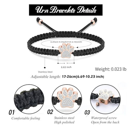 Hearbeingt Paw Print Urn Bracelet for Ashes Pet Cremation Jewelry | Stainless Steel,Adjustable Braided Rope,Mini Ash Holder for Dog Cat,Memorial Keepsake Jewelry, Bereavement Gift Pet Loss - color: A-Rose Gold
