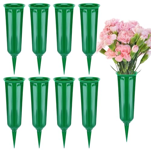 8 Pcs Cemetery Vases for Grave - Plastic Flower Holders with Spikes, Cone Vase for Memorial Day Grave Accessories Cemetery Decorations (Green)