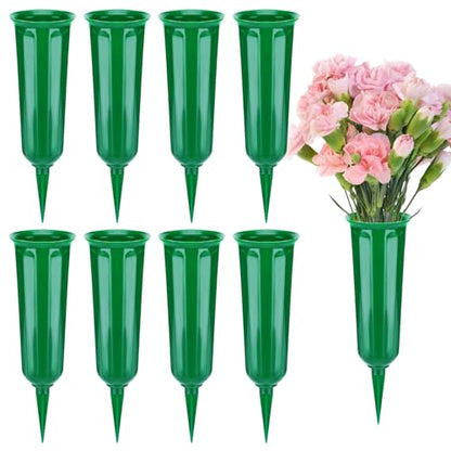 8 Pcs Cemetery Vases for Grave - Plastic Flower Holders with Spikes, Cone Vase for Memorial Day Grave Accessories Cemetery Decorations (Green)