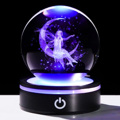 YWHL 3D Crystal Moon Figurine with Colorful LED Base, Laser Fairy Gifts for Women Girls on Christmas Birthday, Glass Globe Decorative Ball for Fairy Lovers Home Decor (80mm) - color: Moon Fairy 2