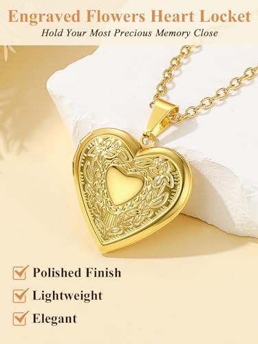 Custom4U Personalized Heart Locket Necklace with Pictures,Sunflower/Angel Wings/Heart Shaped Lockets Custom Photo,Gold/Rose Gold/White Lockets That Holds Picture,Customized Memorial Jewelry for Women - color: B-Heart-Gold(Locket Only)