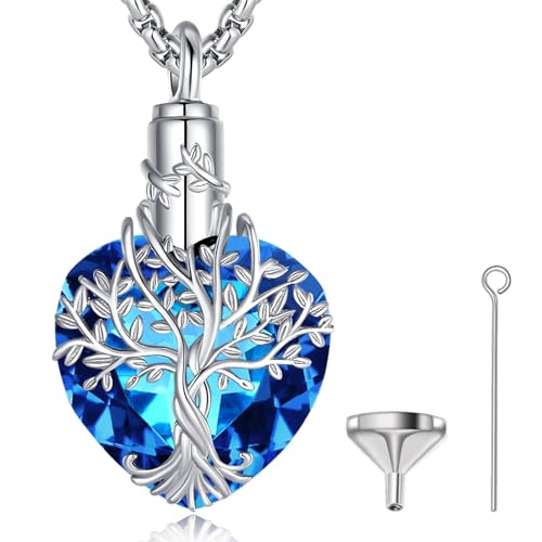 EUDORA Sterling Silver Urn Necklace for Ashes for Women Men, Ash Pendant for Human Cat Dog Ashes, Necklace for Ashes of Loved One Dad Mom Papa Pet Cremation Souvenir Jewelry for Funeral, 20inch - color: D2-Tree of Life and Blue Austrian Crystal