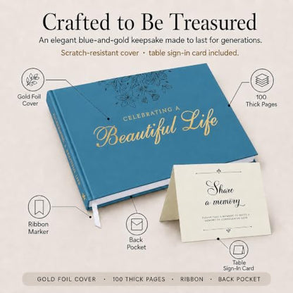 Funeral Guest Book – Blue Version – 9x7 in, 100 Thick Pages - color: Blue