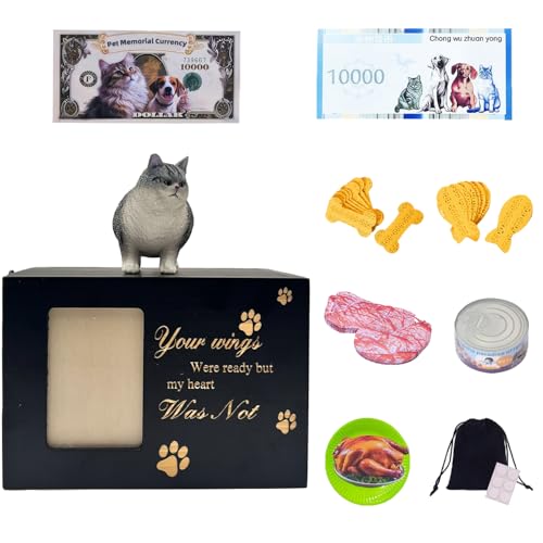 Pet Urns for Dogs and Cats – Black Wooden Dog Urns for Ashes with Gray Short-Haired Cat Figurine, Small Pet Urn with Lock and Photo Frame, Pet Ashes Keepsake Box for Home Display - color: Gray Short Hair Fat Cat 3134, size: Black framed urn