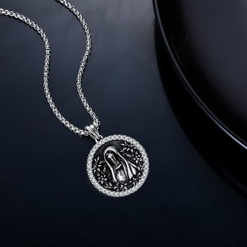 925 Sterling Silver Patron Saint Necklace Amulet Miraculous Medal Pendant Jewelry for Men Women with Friendship Talisman Travel Inspirational Gifts - color: black-B