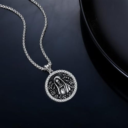 925 Sterling Silver Patron Saint Necklace Amulet Miraculous Medal Pendant Jewelry for Men Women with Friendship Talisman Travel Inspirational Gifts - color: black-B