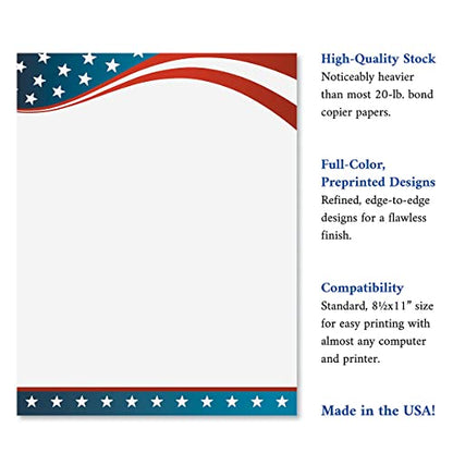 4th of July Patriotic Letter Papers - Set of 25, American Flag Stationery Papers, 8 1/2" x 11", Compatible Computer Paper, Patriotic Letterhead, 4th of July Flyers, Veterans Day, Memorial Day - color: 4th of July